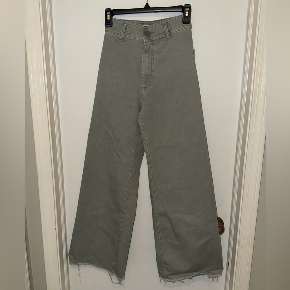 ZARA Olive Green High Rise Wide Leg Cropped Jeans Raw Hem Size 2 - Picture 10 of 10